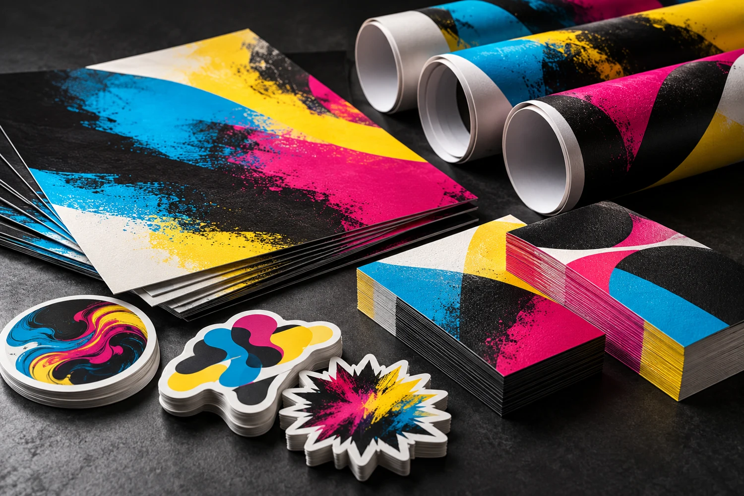 Ejemplo ilustrativo de tarjetas, stickers y materiales impresos de colores
